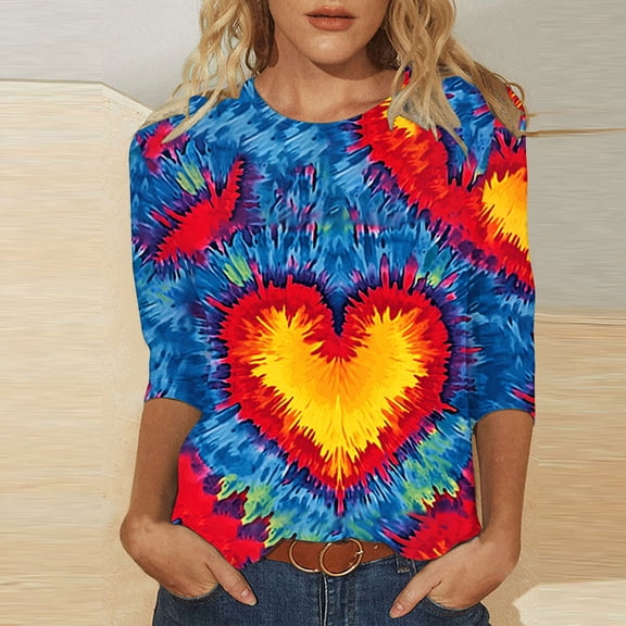 VgaVtl 3/4 Sleeve T-Shirts Womens Plus Size Pink Valentines Tops Women Holiday Pullover Loose Casual Tie-Dye Tops