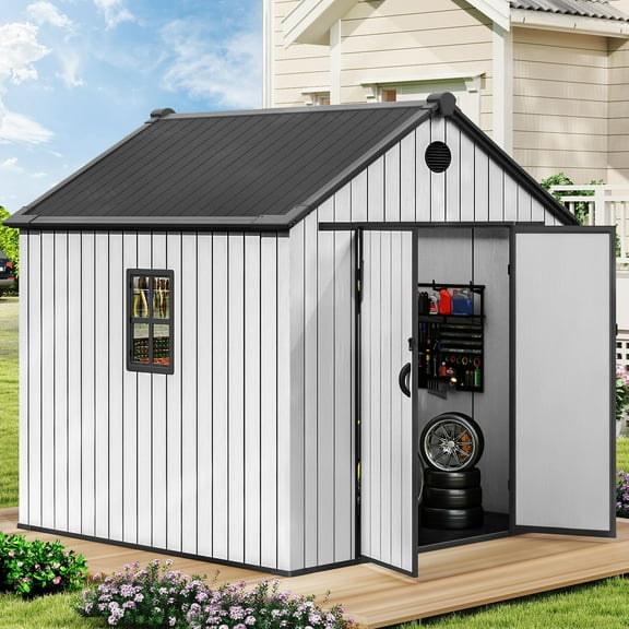 ModFusion 7.8 x 7.3 x 7.4 ft Resin Storage Shed with Floor, Window Vent, 359 Cu.ft. Waterproof Tool Organizer, Backyard Plastic Roof, Lawn Workshop Building, Gray