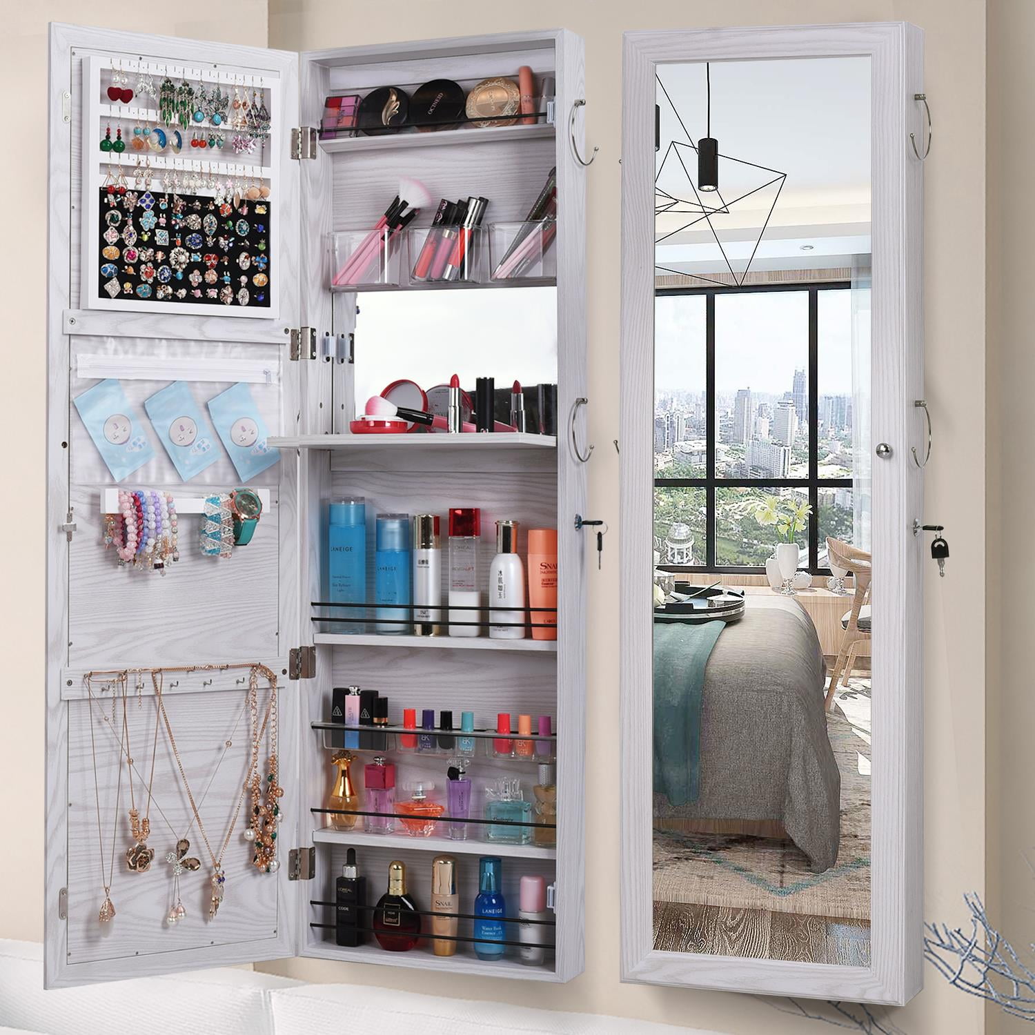 Wall Mounted Jewelry Cabinet Mirrored Armoire Makeup Storage Organizer Box White 