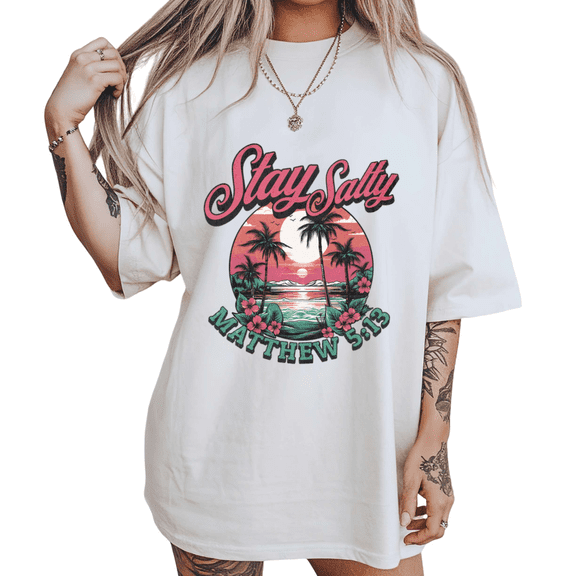 Distressed Tropical Stay Salty Print Tshirt White S-5XL Nostalgic Coastal Graphic Tees Shirts Tops