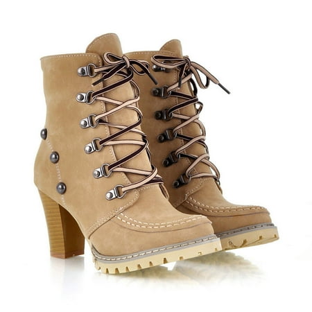 

Women‘s Leisure Rivets Shoes Non-Slip Lace-Up High Heel Short Tube Boots