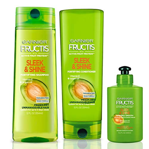 Garnier Fructis Sleek and Shine Shampoo, Condition + Leave-In Conditioning Cream Kit, (Personal Size SandC)