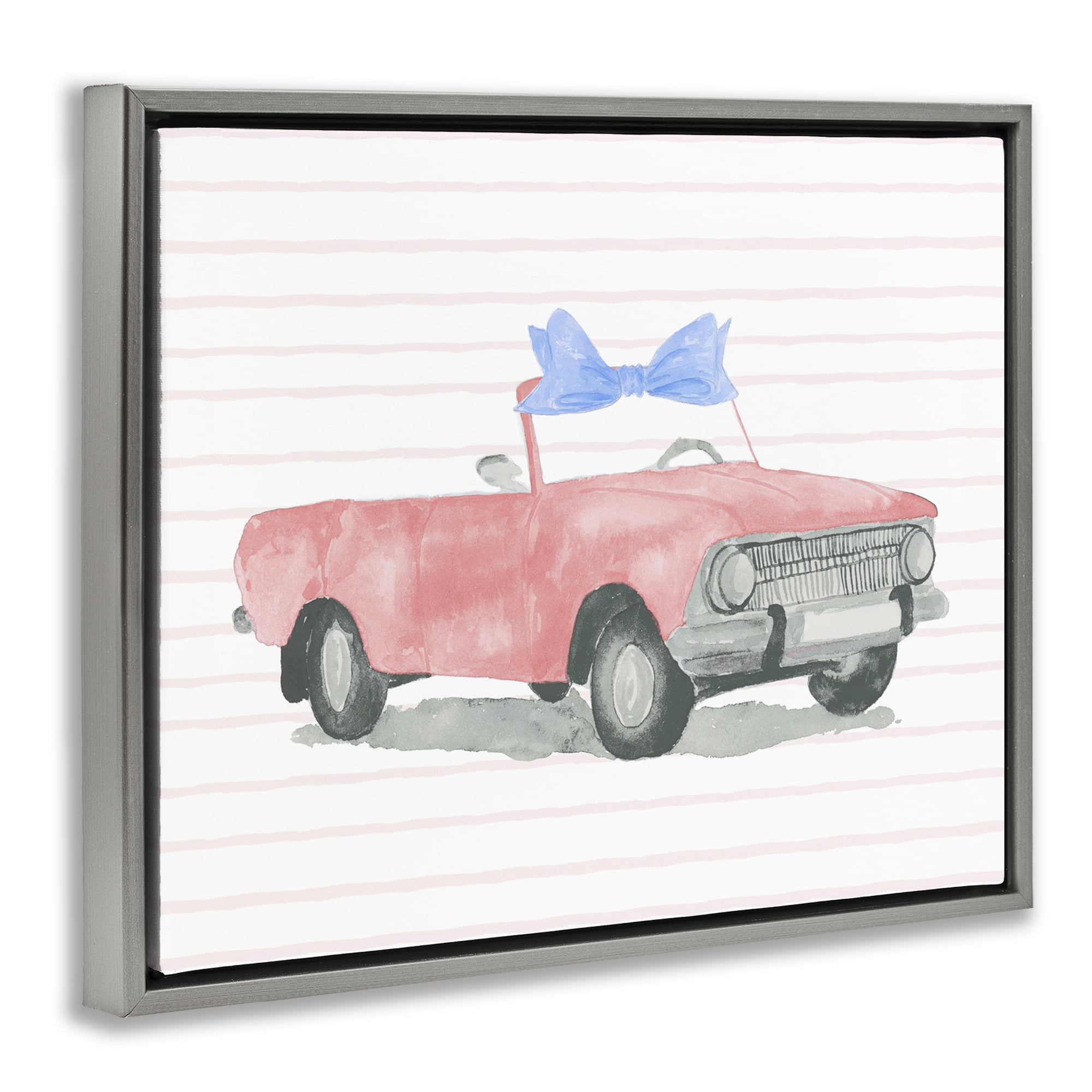 Stupell Industries Blue Bow on Antique Car Transportation Painting Gray Floater Framed Canvas Art Print Wall Art, 31 x 25