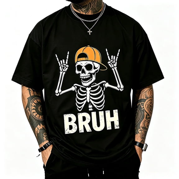 Men Halloween Bruh Skeleton Rock Hand Graphic Black Crew Neck Short Sleeve Oversized Casual T-Shirt