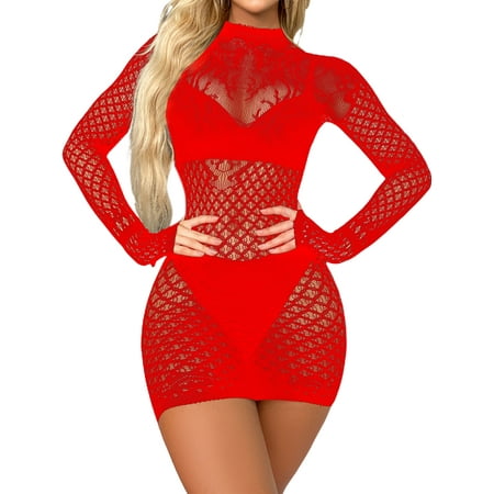 

Frontwalk Women Chemise Hollow Out Nightwear Short Mini Dress Lingerie Ladies Wrap Sleepwear Long Sleeve Babydoll Red One Size