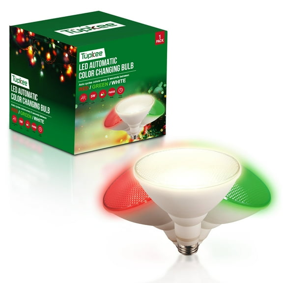 Tupkee LED Automatic Color Changing Bulb - Automatically Cycles Between Red/Green/White Every 5 Seconds  PAR38, E26, 5W, Christmas Outdoor Porch LED FloodLight Spot Light Bulb Holiday Decoration