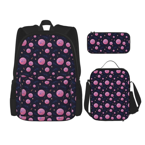 Easygdp Pink Planets And Stars Mochila para Niños y Niñas con Set de Caja de Almuerzo y Estuche para Lápices 3 en 1, Mochila Escolar Estampada para Adolescentes