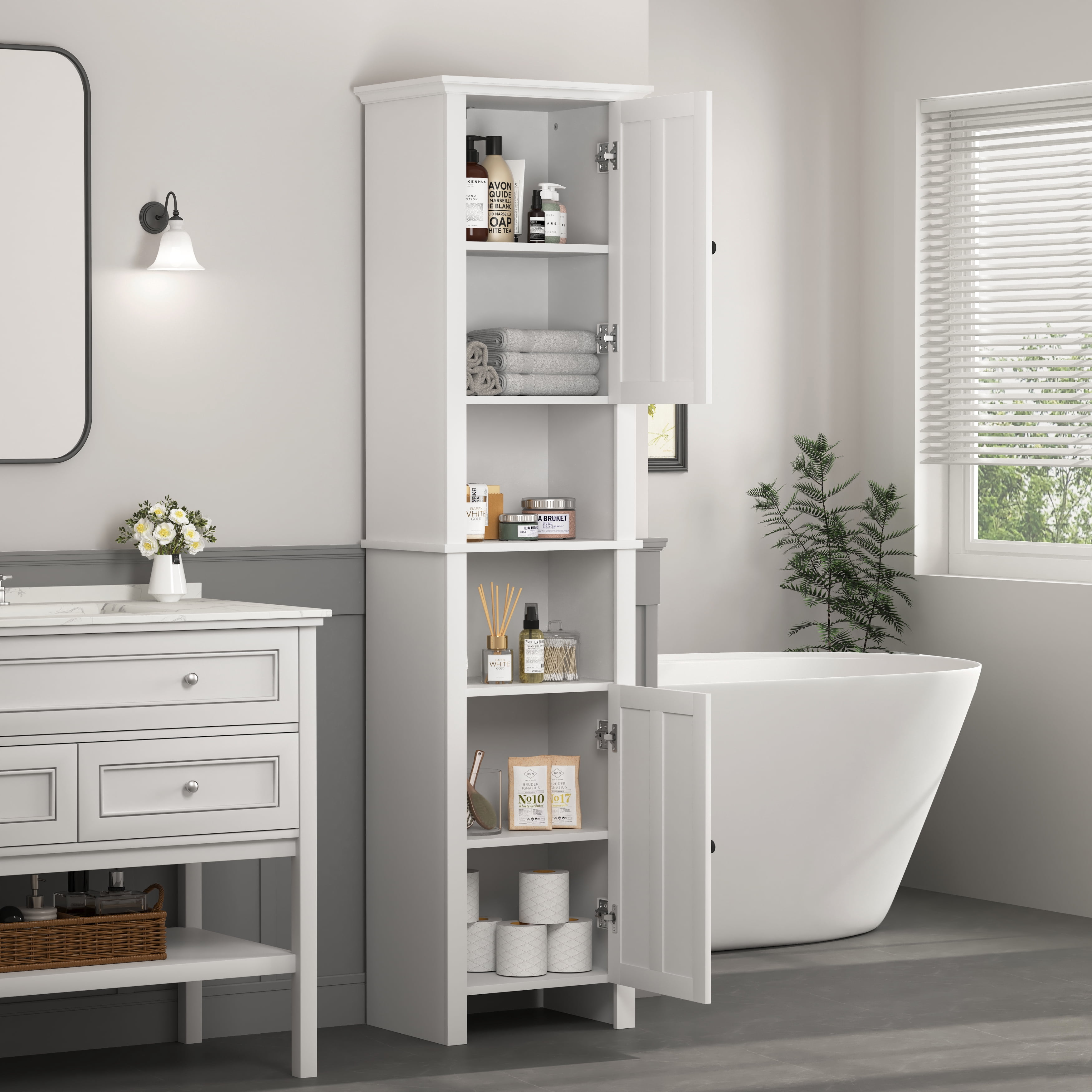 MAYEERTY Tall Bathroom Storage Cabinet with 2 Doors & 6 Shelves