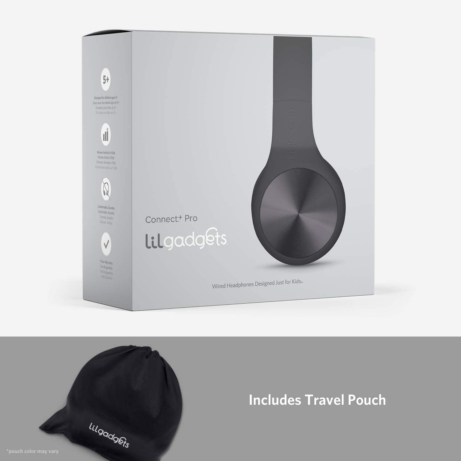 LilGadgets Connect+ Pro Wired Kids Headphones - Designed with Kids' Comfort in Mind, Child-Friendly Foldable Over-Ear Headset with In-line Microphone, Perfect for Toddlers in School, Black