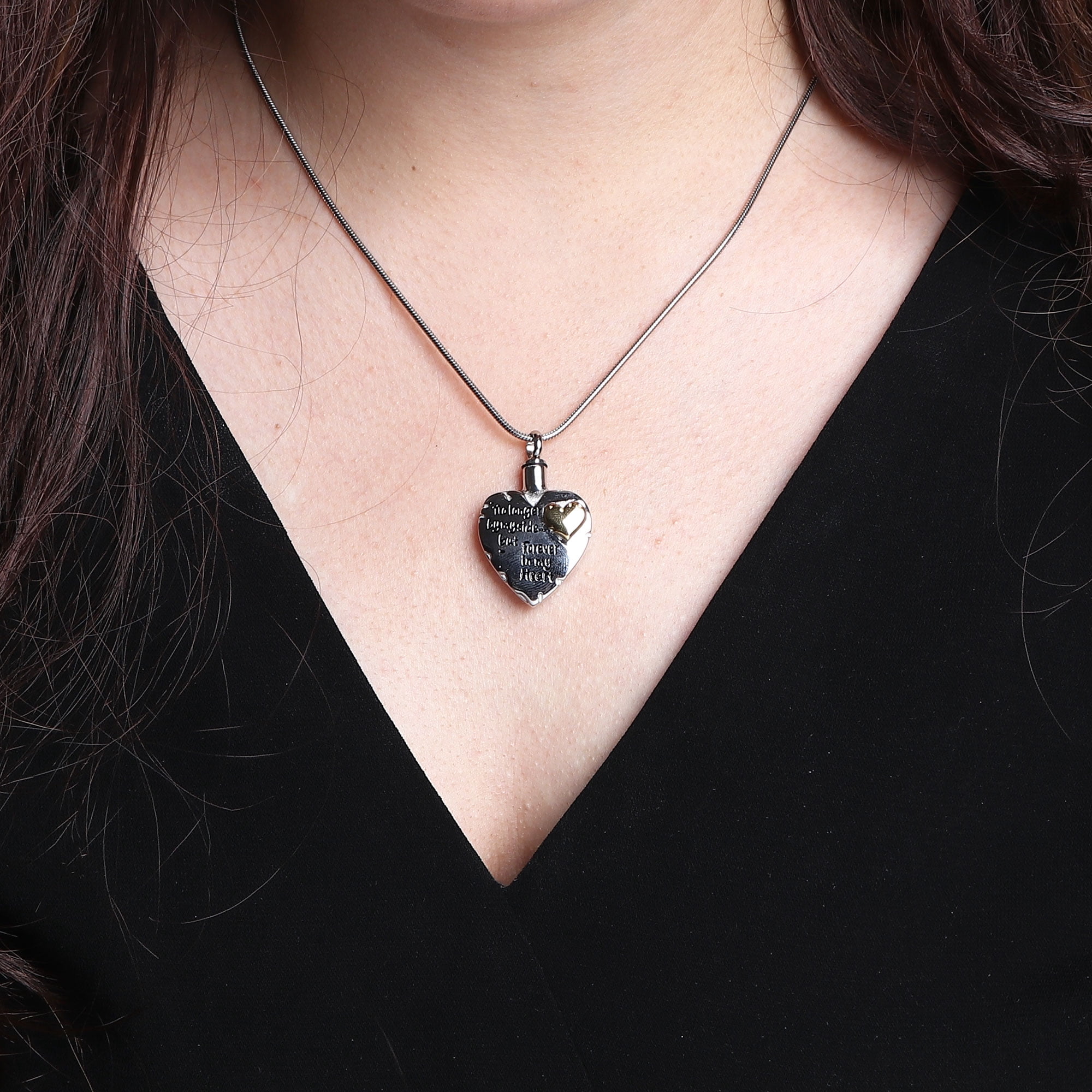 "No Longer by My Side but Forever in My Heart " Silver Heart Cremation Urn Jewelry for Ashes Urn Memorial Pendant Necklace for Ashes with Free Beautiful Velvet Jewelry Box and Fill Kit
