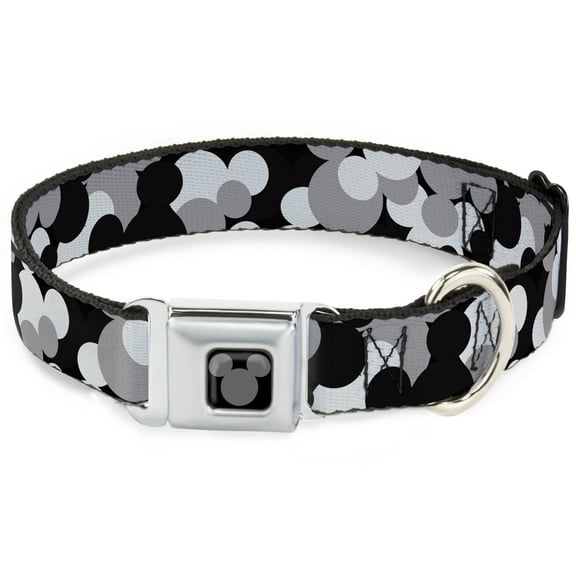 Disney Pet Collar, Dog Collar Metal Seatbelt Buckle, Mickey Mouse Head Stacked Black Grays, 16 to 23 Inches 1.5 Inch Wide