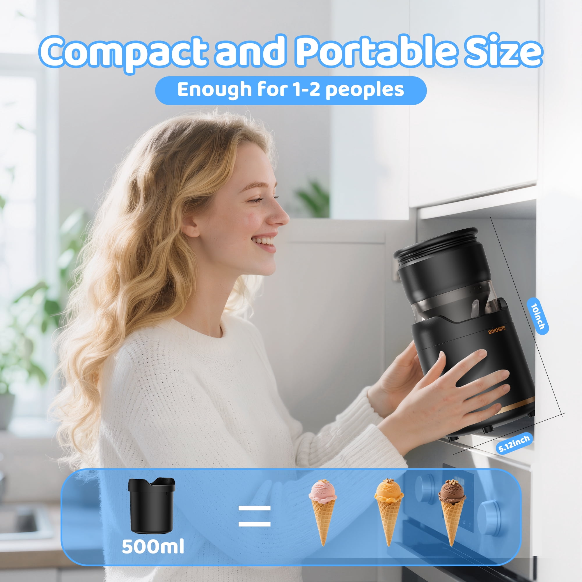 BRIOBITE Soft Serve Ice Cream Maker 0.5 Qt Rechargeable Mini Machine for Sorbet, Gelato, Frozen Yogurt Maker Black