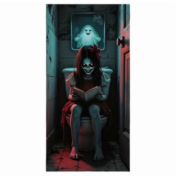 Halloween Door Curtain, Scary Creepy Little Girl Horror Themed Doorway Banner, Easy Hang for Porch Entryway Indoor Outdoor Party Halloween Decor B