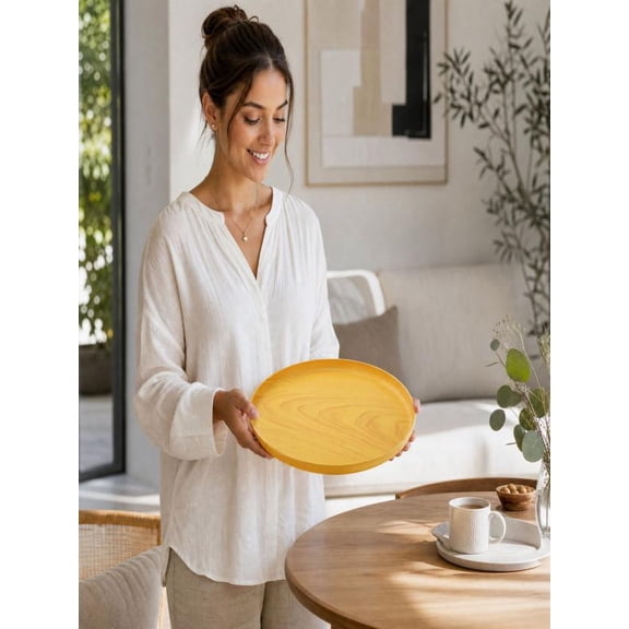 Round Imitation Wood Plastic Platter, Smooth Edges, Serving Tray, Multi-Purpose Dish, Reusable Plate, Living Room, Dining Table, Bedroom Decor