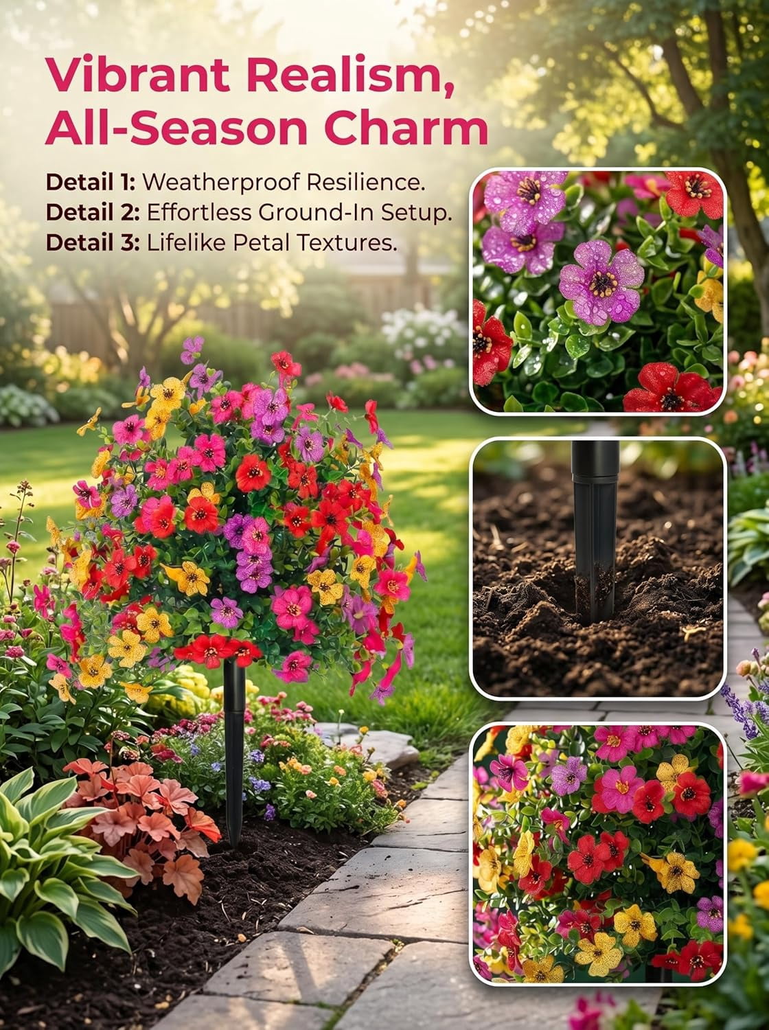 Artificial Flowers for Outdoors 24" Artificial Petunias with Ground Stake, UV Resistant Waterproof Lifelike Faux Flowers Decor for Garden Yard Patio Porch Home (Multi-Color (2 Pack))