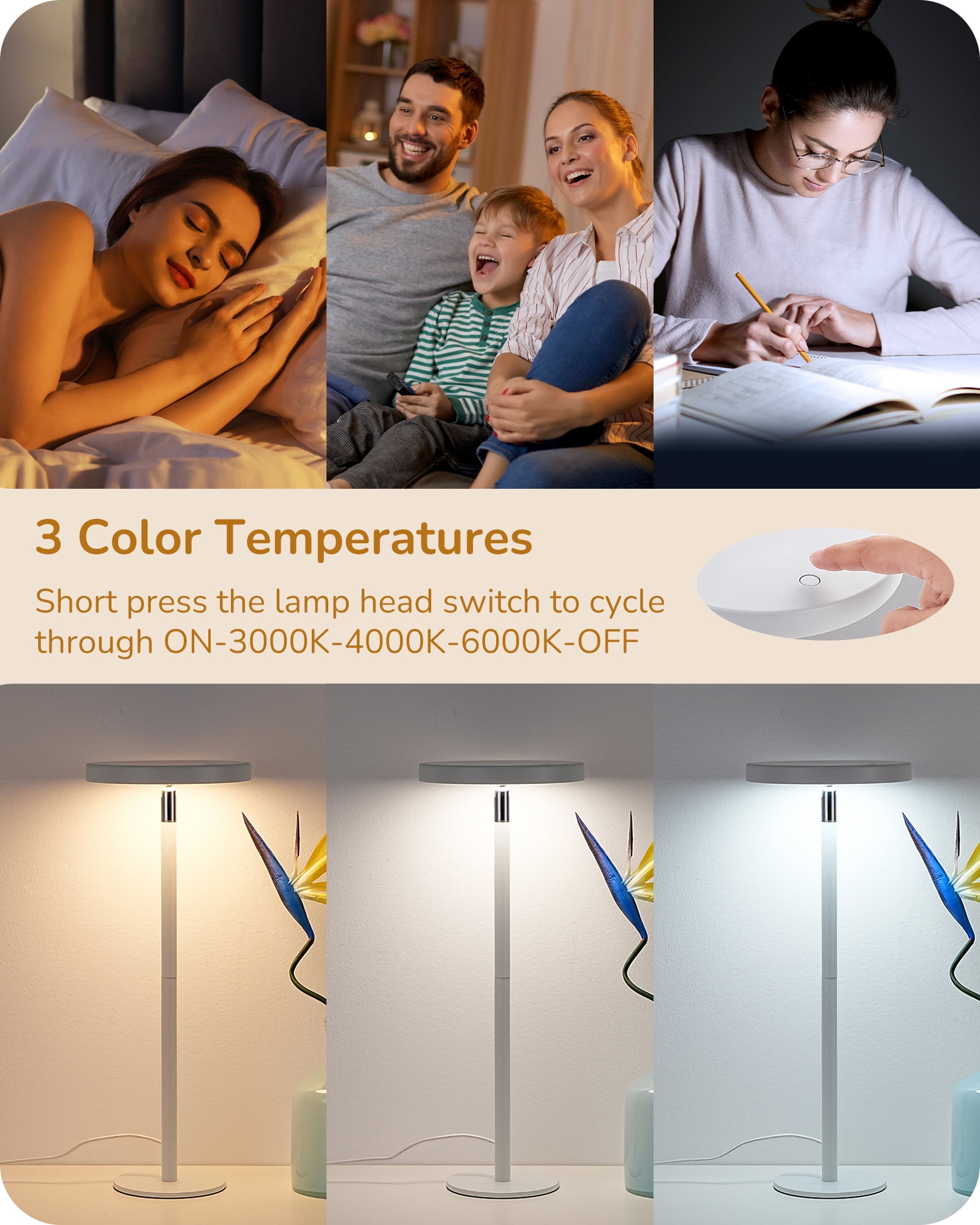 EDISHINE LED Table Lamp with 2 Adjustable Height, 5%-100% Dimmable & 3 Color Temperature, Touch Control, Modern Desk Lamp for Office, Reading, White
