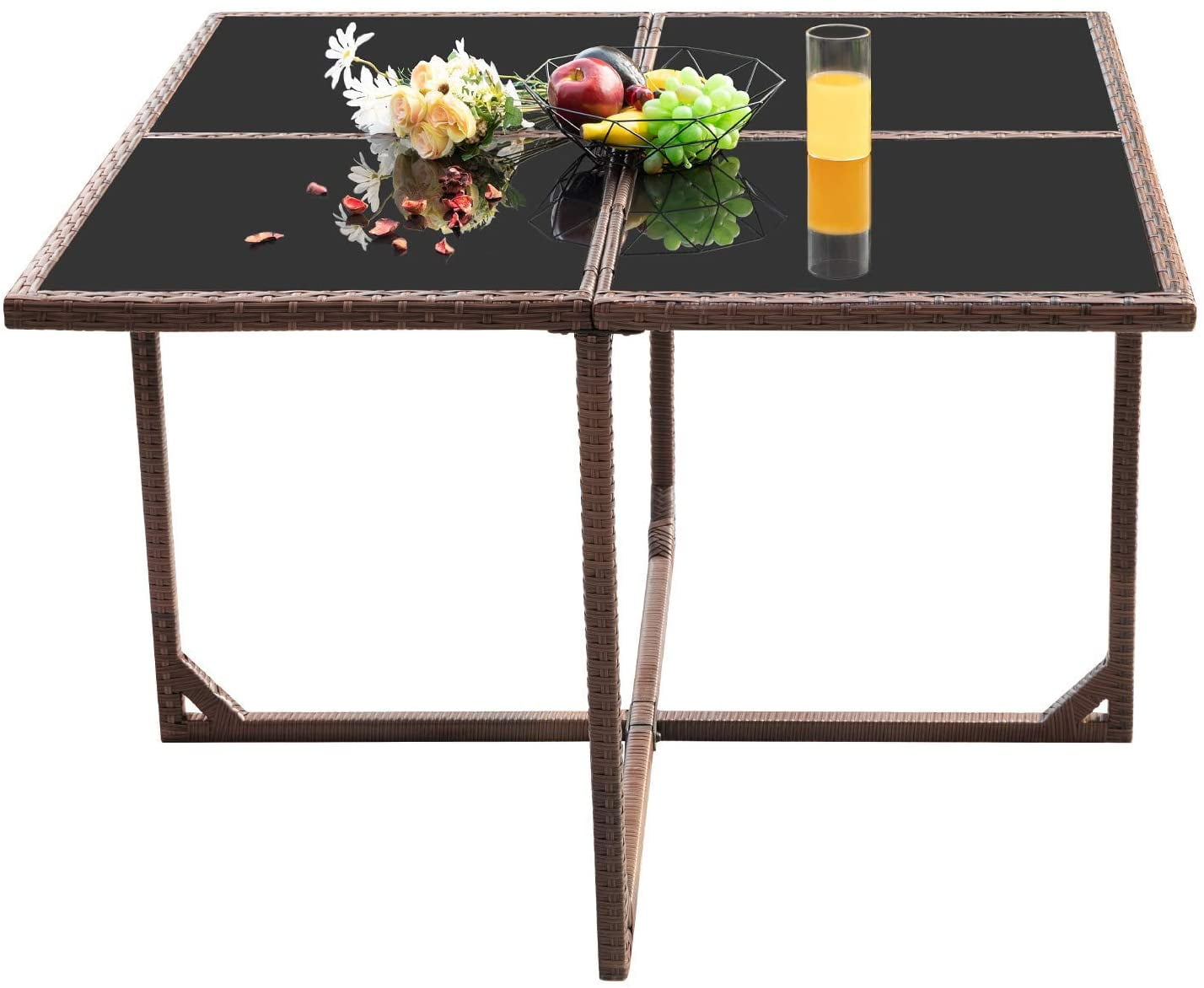 Vineego 42.8' Patio Square Table with Tempered Glass and Steel Frame Outdoor Wicker Dining Table