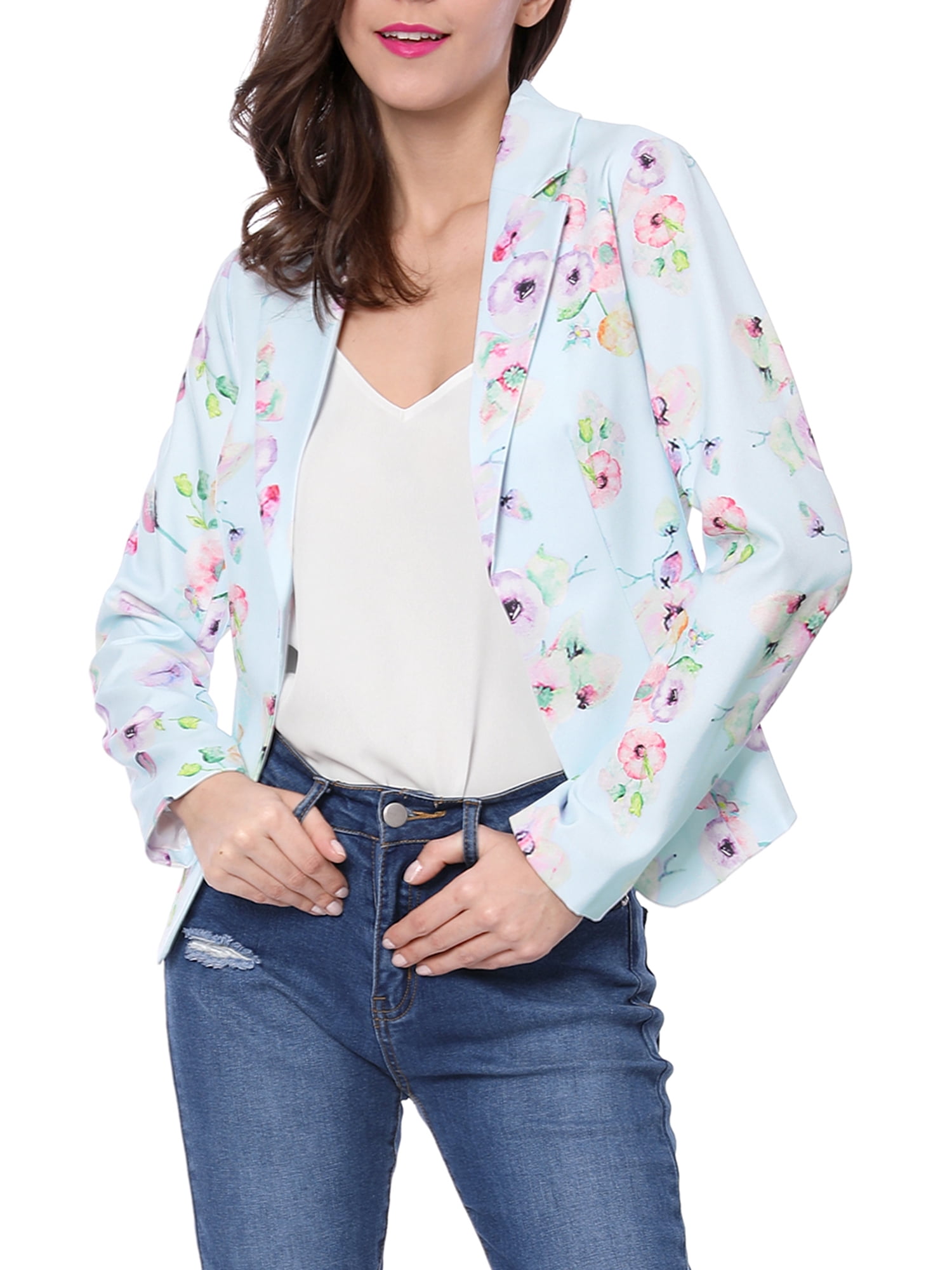 DARING DIVA Women's Elegant Notched Lapel Floral Print Blazer L Blue-Floral