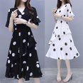 thumbnail image 1 of Robe Midi pour Femme à Col en V à Pois Taille Haute Irrégulière Manches Courtes à Volants Robe d'Été, 1 of 8