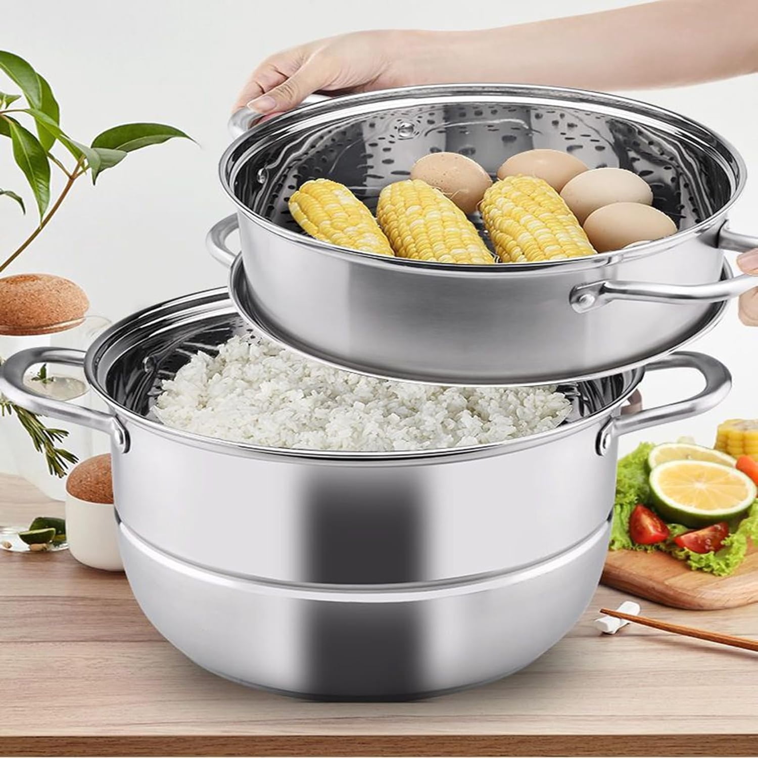 Leyeet Steamer for Cooking, Food Grade Stainless Steel Steamer Pot, 11 inch Steam Pots with Glass Lid 2-tier for Cooking Vegetables, Seafood, Soups, Stews and Pasta Cooking Tool