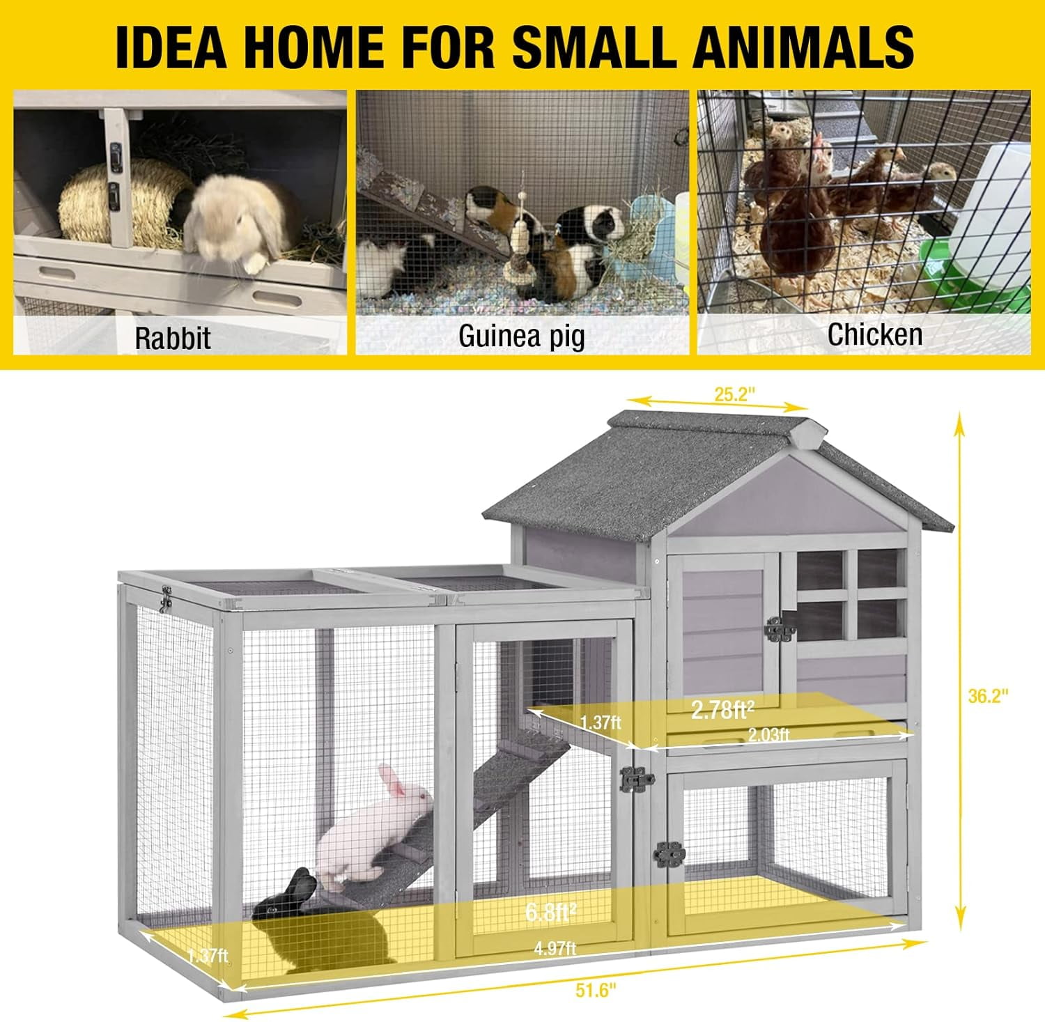 51.6" LRabbit Hutch Indoor Outdoor Bunny Cage Rabbit cage with Run, Deeper No Leak Tray, Weatherproof