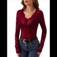 thumbnail image 3 of Blusa de Larga con Cuello Redondo y Encaje de con Bordado Floral para Mujer Vino Tinto L, 3 of 9