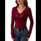 thumbnail image 3 of Blusa de Larga con Cuello Redondo y Encaje de con Bordado Floral para Mujer Vino Tinto XL, 3 of 9