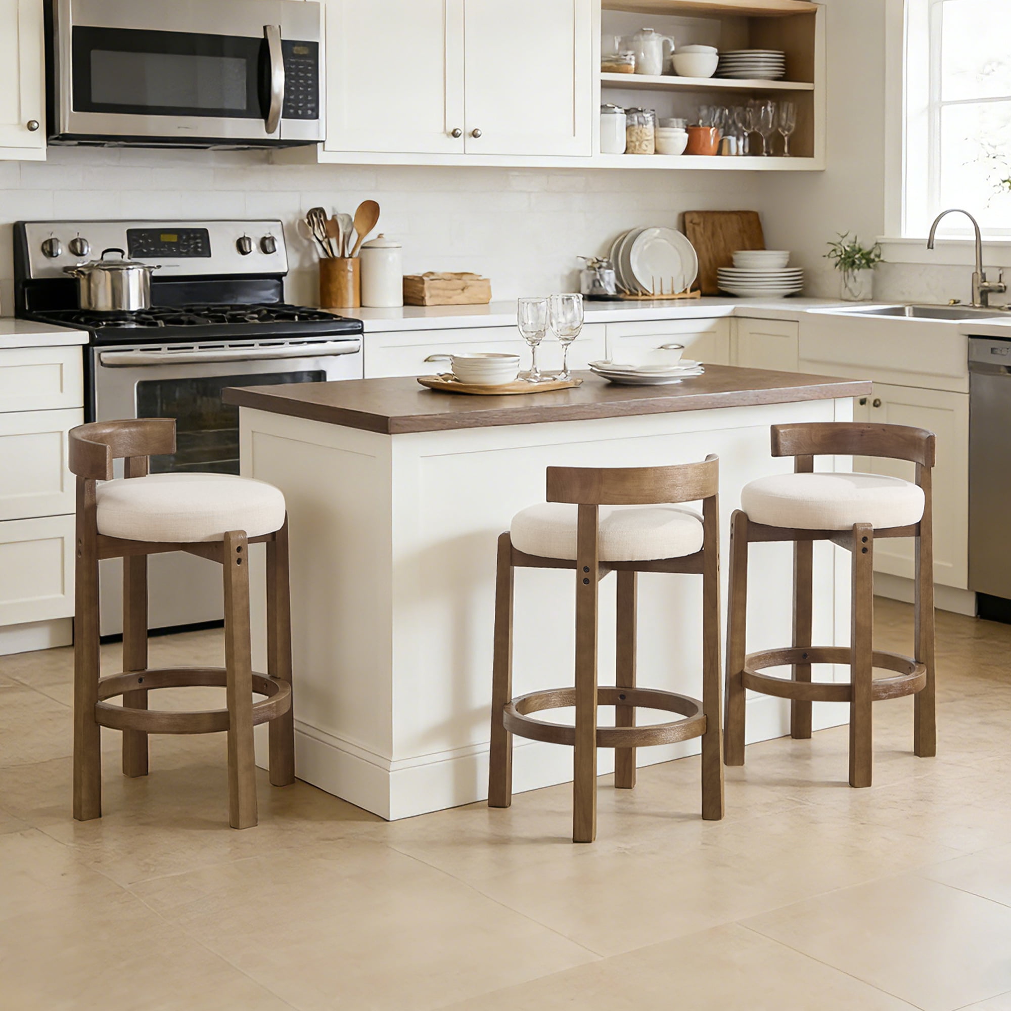 Nordic Style Solid Wood Bar Stool Set of 2 - High Stool for Home Kitchen Island & Bar, Comfortable & Stable