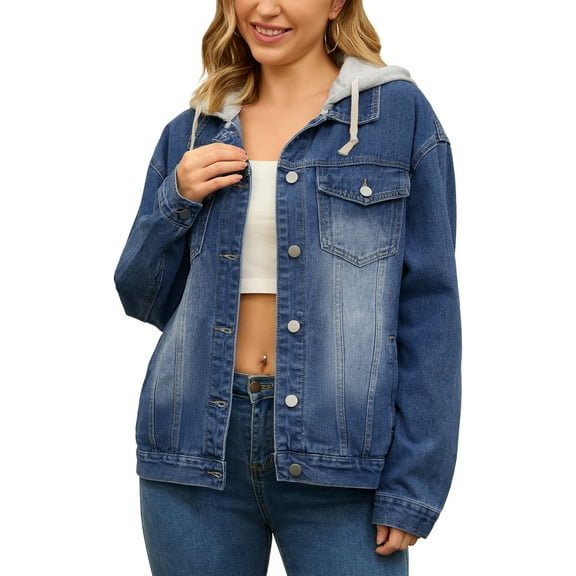 INSPIRE CHIC Women's Denim with Hood Distressed Long Sleeve Button Down Detachable Hoodie Jacket S Dark Blue