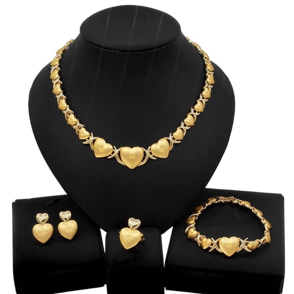 Women's Hugs & Kisses XOXO Shiny Hearts Charm Jewelry Set - Necklace Set Layered with 18k Real Gold Plated Includes Necklace Bracelet Earrings Ring Set