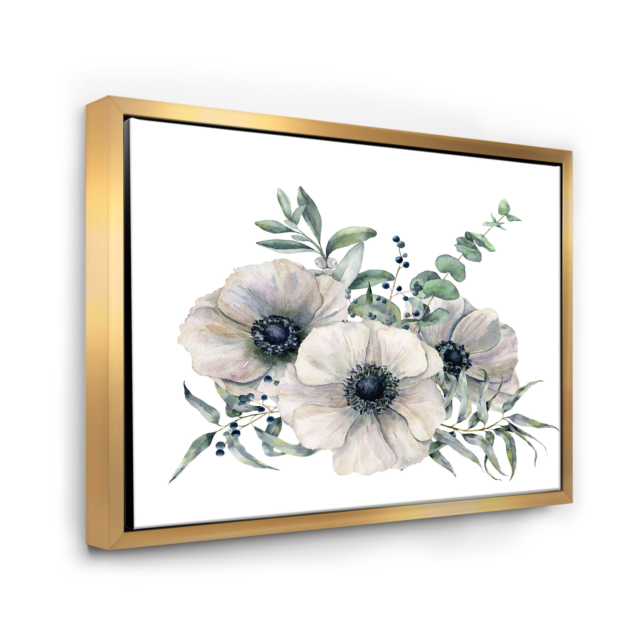 Eucalyptus Leaves With White Anemone Bouquet 20 in x 12 in Framed Painting Canvas Art Print, by Designart