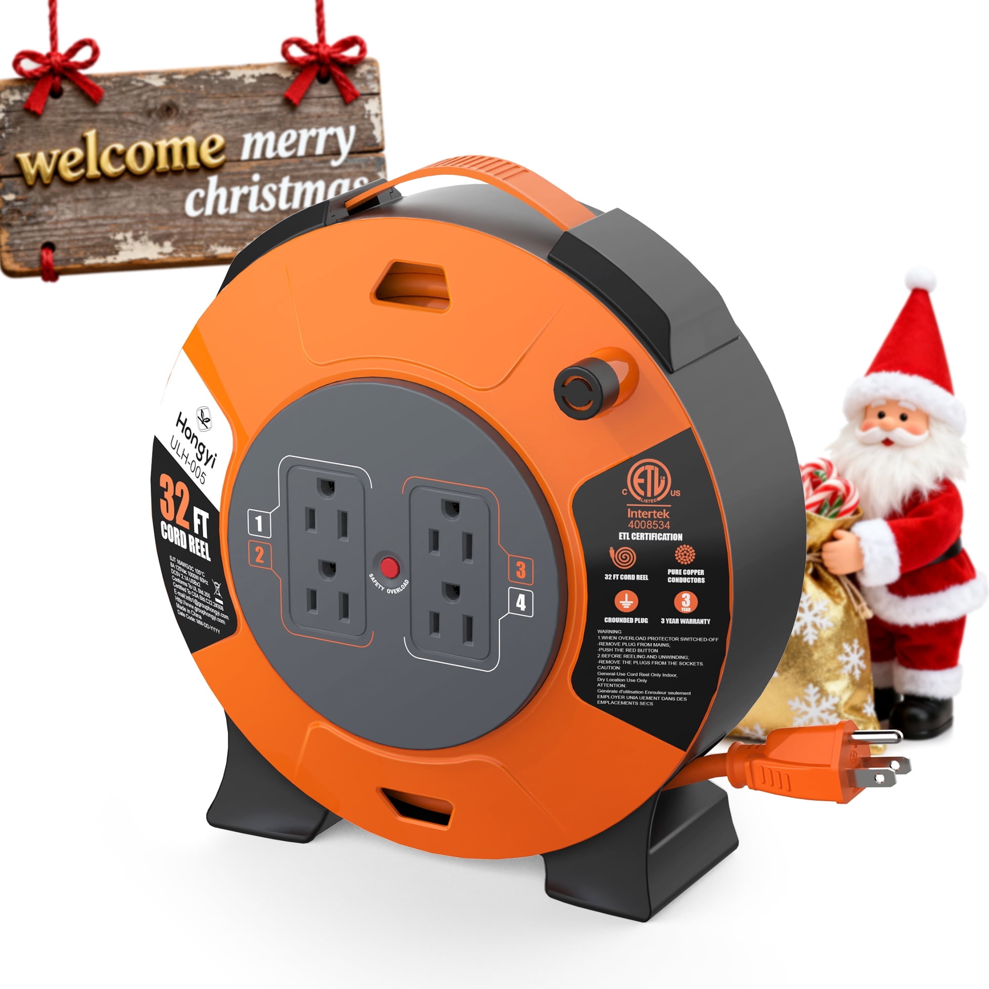 Hongyi Extension Cord Reel 32ft,16AWGX3C,SJT,4-Outlet,Orange