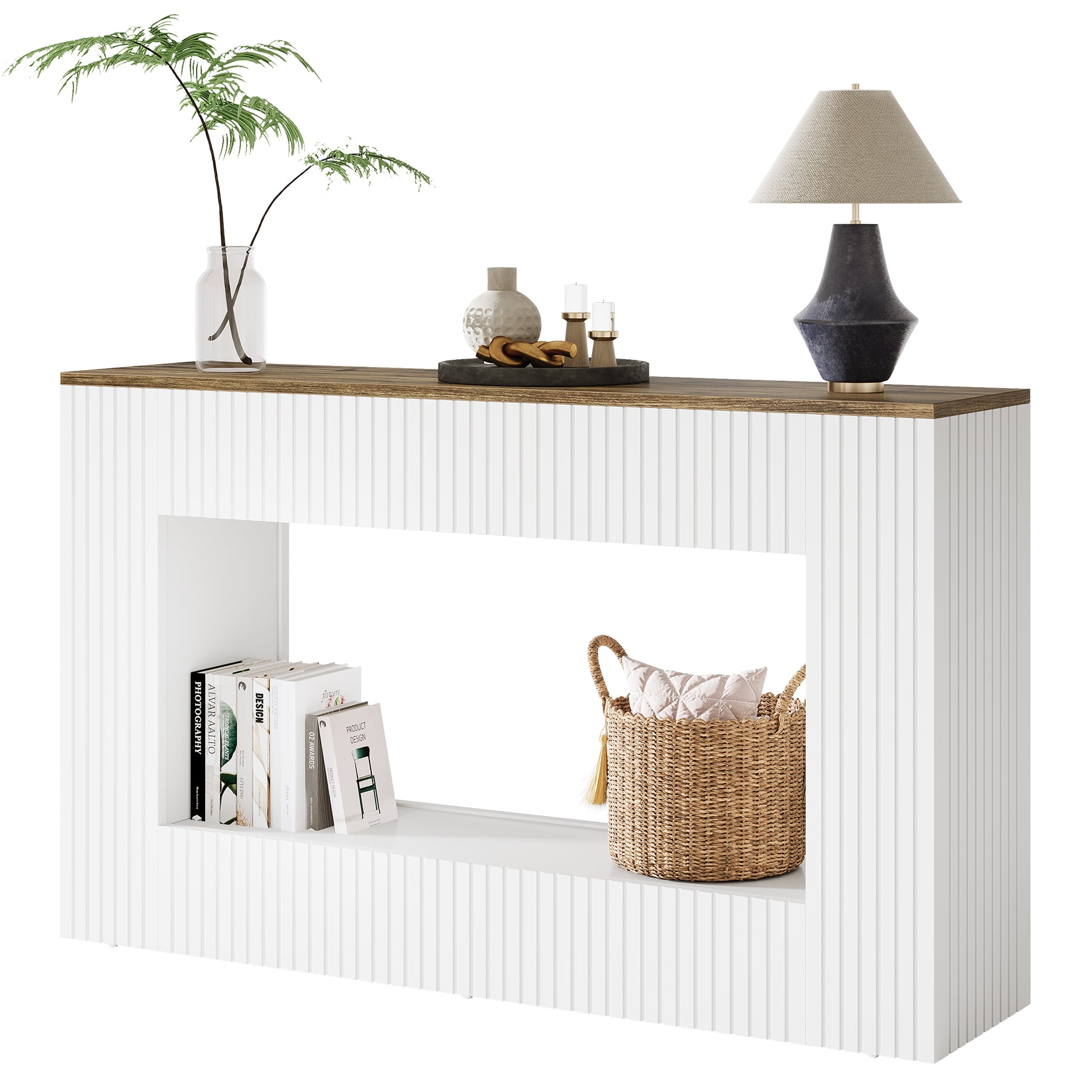 Fnova 55" Modern Console Table with 2-Tier Storage, Farmhouse Wood Entryway Table, Narrow Sofa Table for Living Room, Hallway, Behind Couch