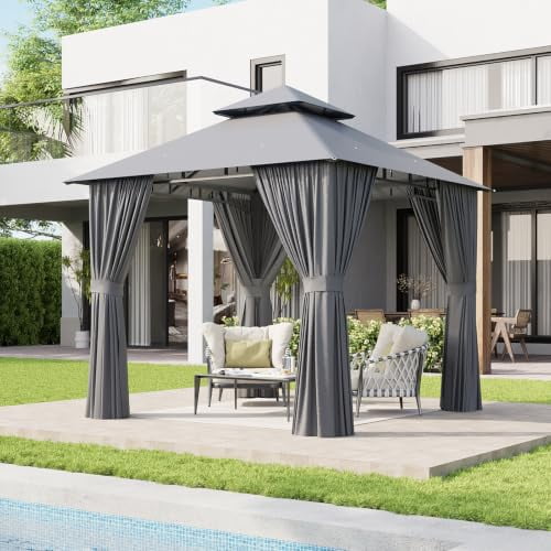 Aoxun 8x8 Gazebo with Curtain & Mosquito Netting Outdoor Heavy-Duty Party Tent with Double Roof, Patio Tent with Zipper Screens Backyard Garden Lawn Shelter,Gray