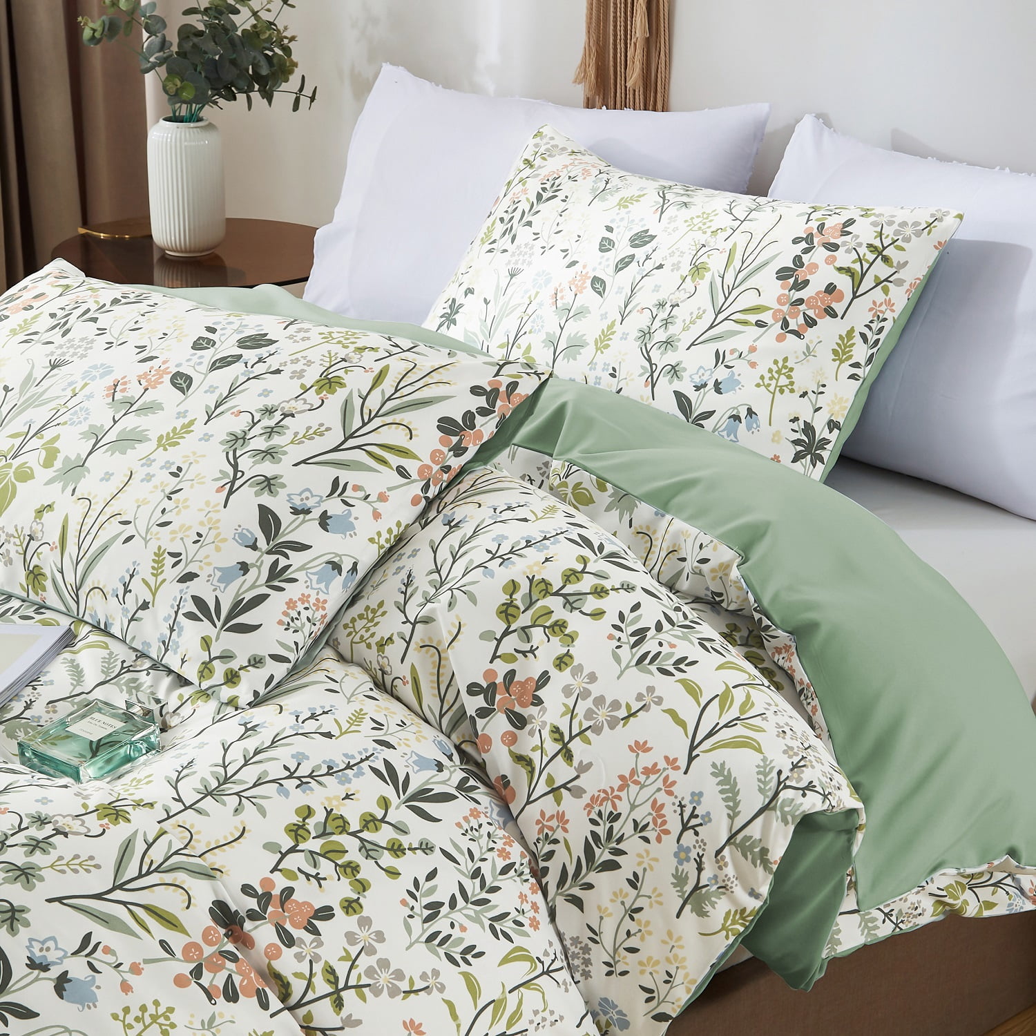 Boho Floral Green Reversible Duvet Cover Green Botanical Bedding Set with Colorful Flower Print Pattern Soft Microfiber Comforter Cover