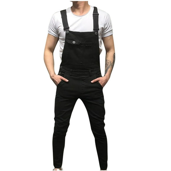 Jsaierl Men's Jumpsuits Denim Bib Suspender Overalls Ripped Moto Biker Jeans Pants Romper Trousers Pants Casual Streetwear with Pockets Skinny Jeans