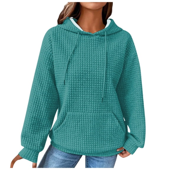 Pullovers for Women Winter Comfy Hooded Long Sleeve Bubble One Shoulder Drawstring Plaid Leisure Cotton Sweatshirts Hoodies(Mint Green,XL)