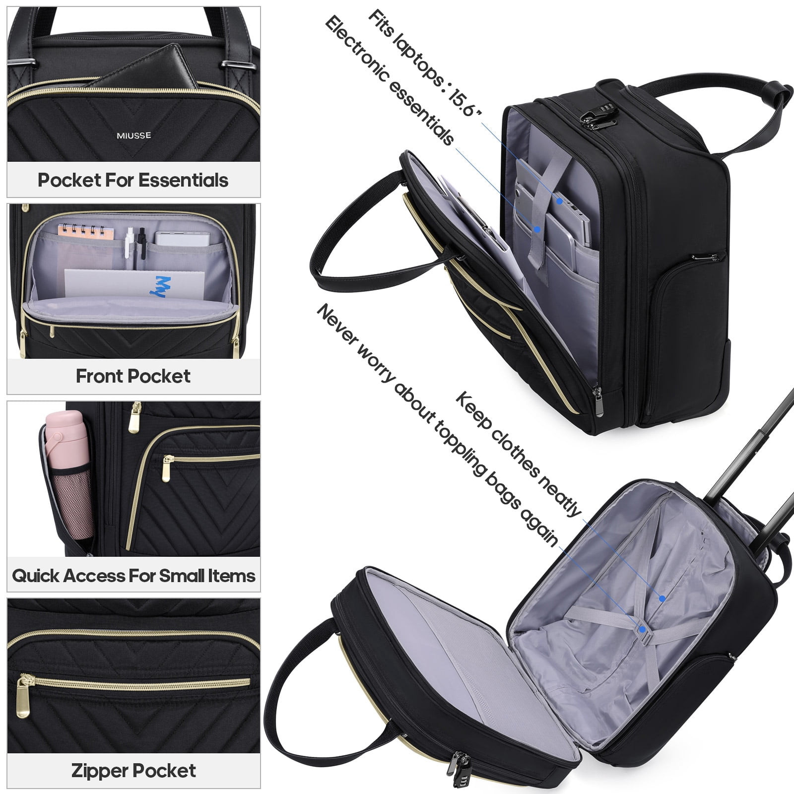 MIUSSE Underseat Carry on Luggage 16 Inch Soft Sided Luggage with Wheels and TSA Lock Airline Approved Small Suitcase for Men Women