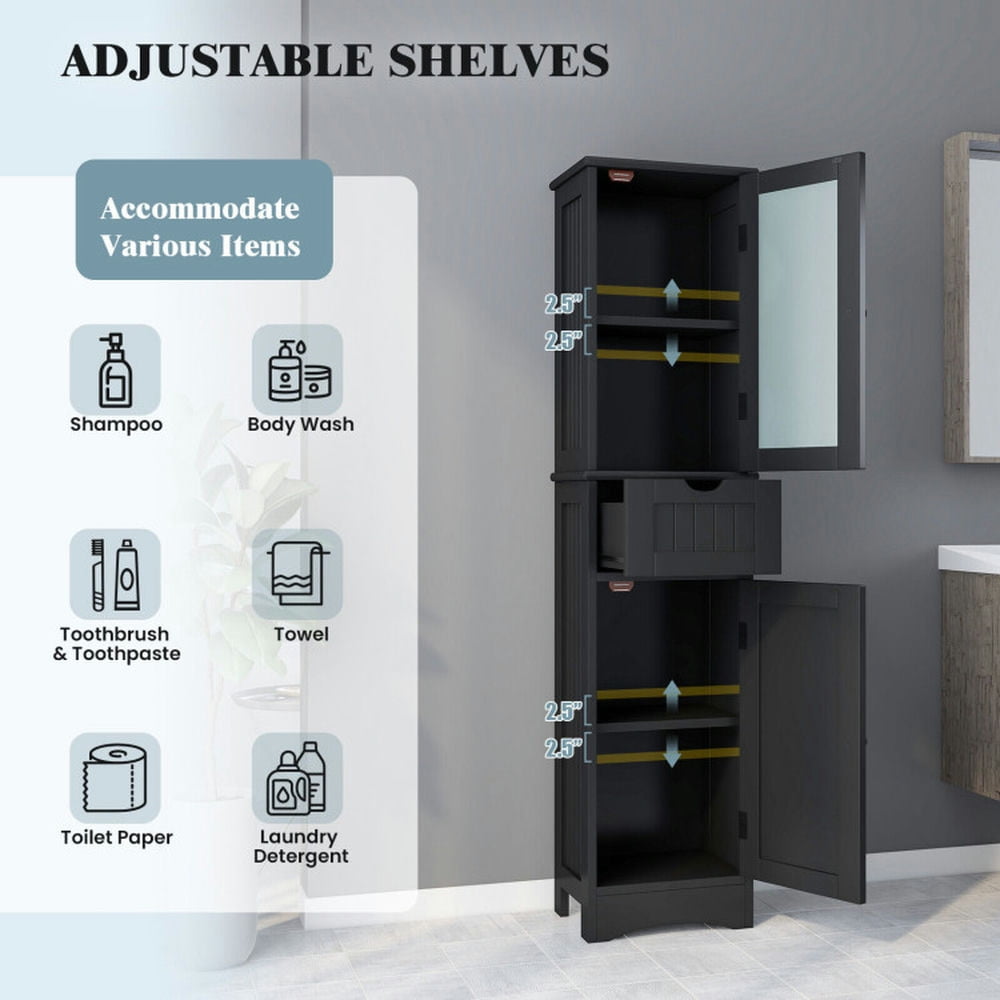 Finihen Bathroom Storage Cabinet, Bathroom Floor Cabinet, Tall Floor Storage Cabinet with 2 Doors and 1 Drawer for Bathroom, Living Room, Bedroom, Kitchen, Black Finihen Bathroom Storage Cabinet, Bathroom Floor Cabinet, Tall Floor Storage Cabinet with 2 Doors and 1 Drawer for Bathroom, Living Room, Bedroom, Kitchen, Black