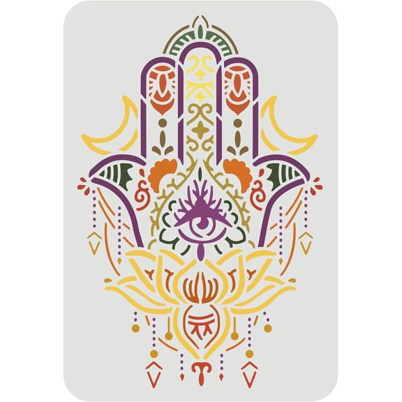 Hamsa Hand Stencil Template 11.7x8.3 inch Plastic Hamsa Blessed Eyes Mandala Drawing Stencils Reusable Large DIY Stencils for Wood Wall Floor Tile Furniture Fabric Art Painting Colorful