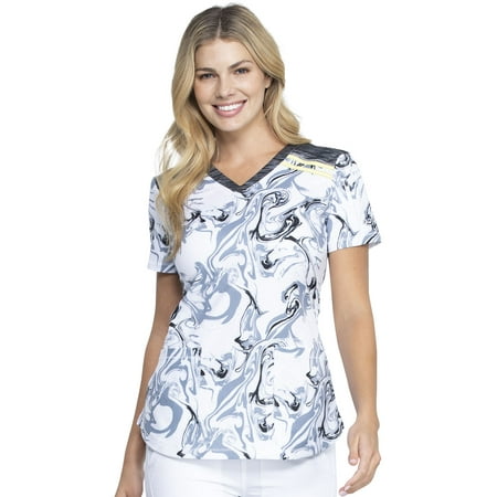 Dickies Dynamix Medical Scrubs Top for Women V-Neck DK602, S, Modern Marble