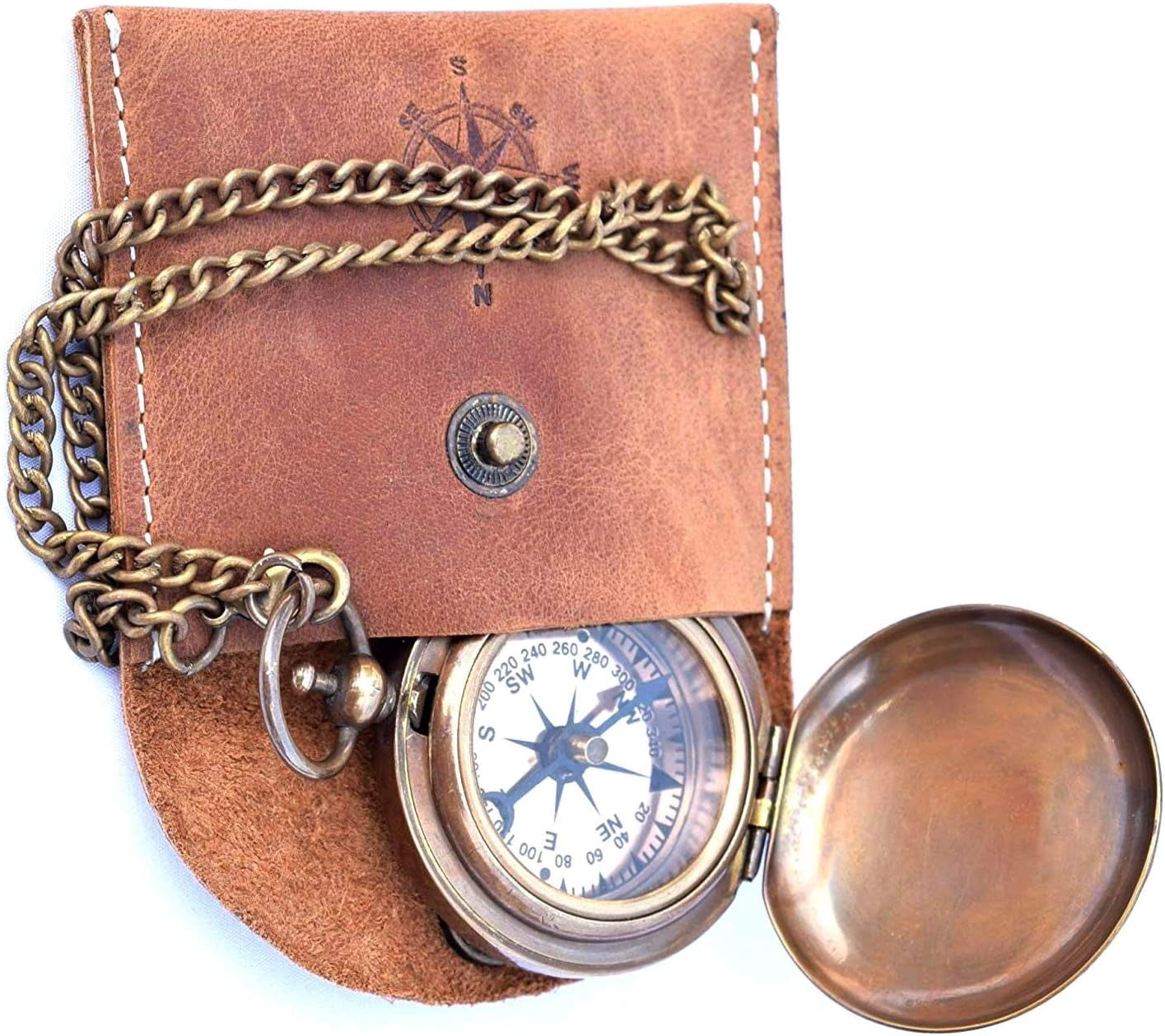 Handmade Nautical Brass Push Open Compass On Chain with Leather Case Pocket Compass Gift