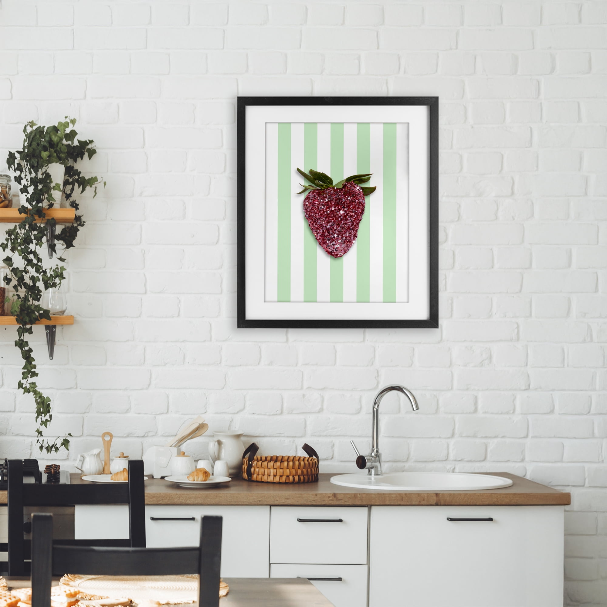 Stupell Industries Glimmer Cherry on Green Stripes Black Framed Print Under Glass, design by LISH Creative