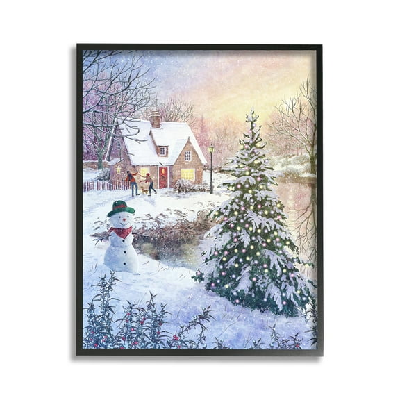 Stupell Industries Kids Playing in Snow Holiday Painting Black Framed Art Print Wall Art, 11 x 14