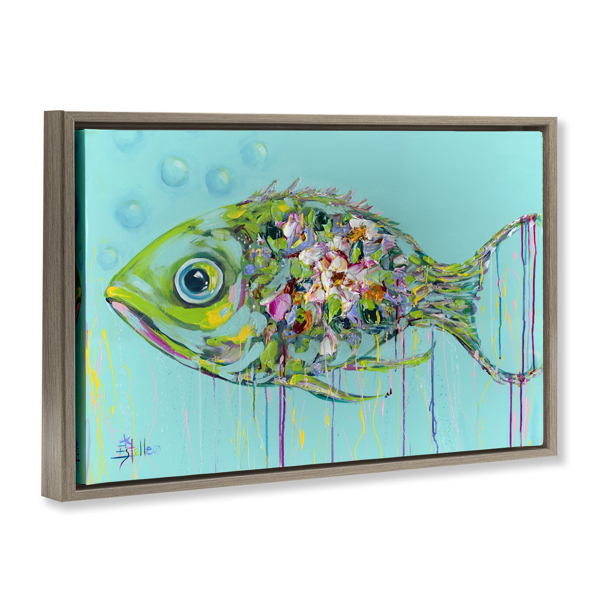 Stupell Industries Painterly Drip Fish Nautical & Beach Painting Brown Floater Framed Canvas Art Print Wall Art, 25 x 17
