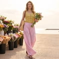 thumbnail image 4 of Women's Pinstripe Linen Palazzo Pants Elastic Drawstring High Waist Flowy Wide Leg Loose Summer Beach Trousers With Pockets Pink L, 4 of 6
