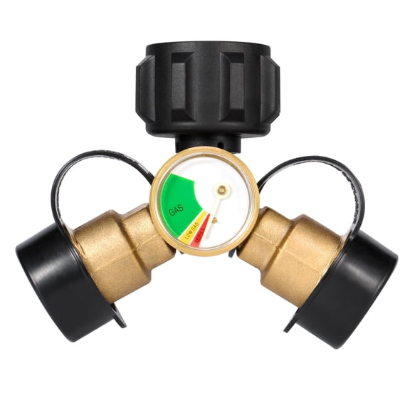 Kohree 2-Way Brass Dual Propane Tank Y-Splitter Adapter with Gauge for 20lb Cylinder and RV Hose
