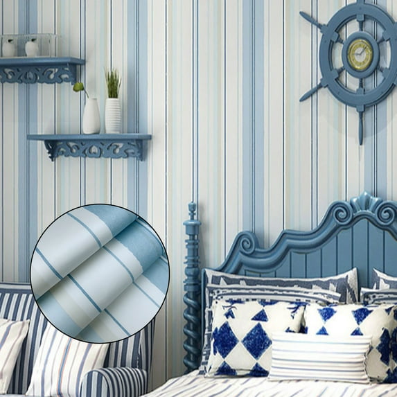 Home Cal Striped Peel and Stick Wallpaper - Roll Waterproof Self-Adhesive Contact Paper Removable Shelf Paper Non-Woven Wall Paper Covering - Blue(Plastic Scraper Included)