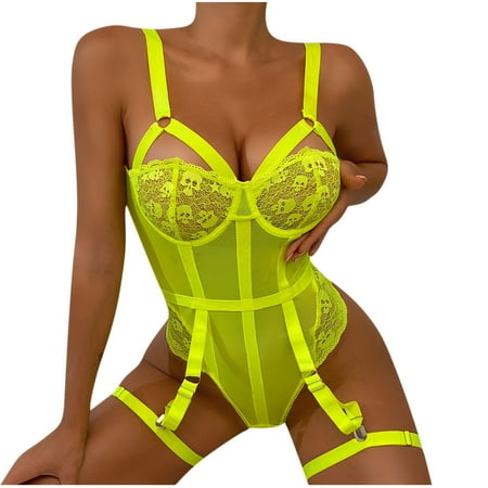 

XFLWAM Women Lingerie Sets with Garter Belt Floral Lace Bra Sleepwear Push Up Strappy Nightwear Teddy Bodysuit Yellow XL