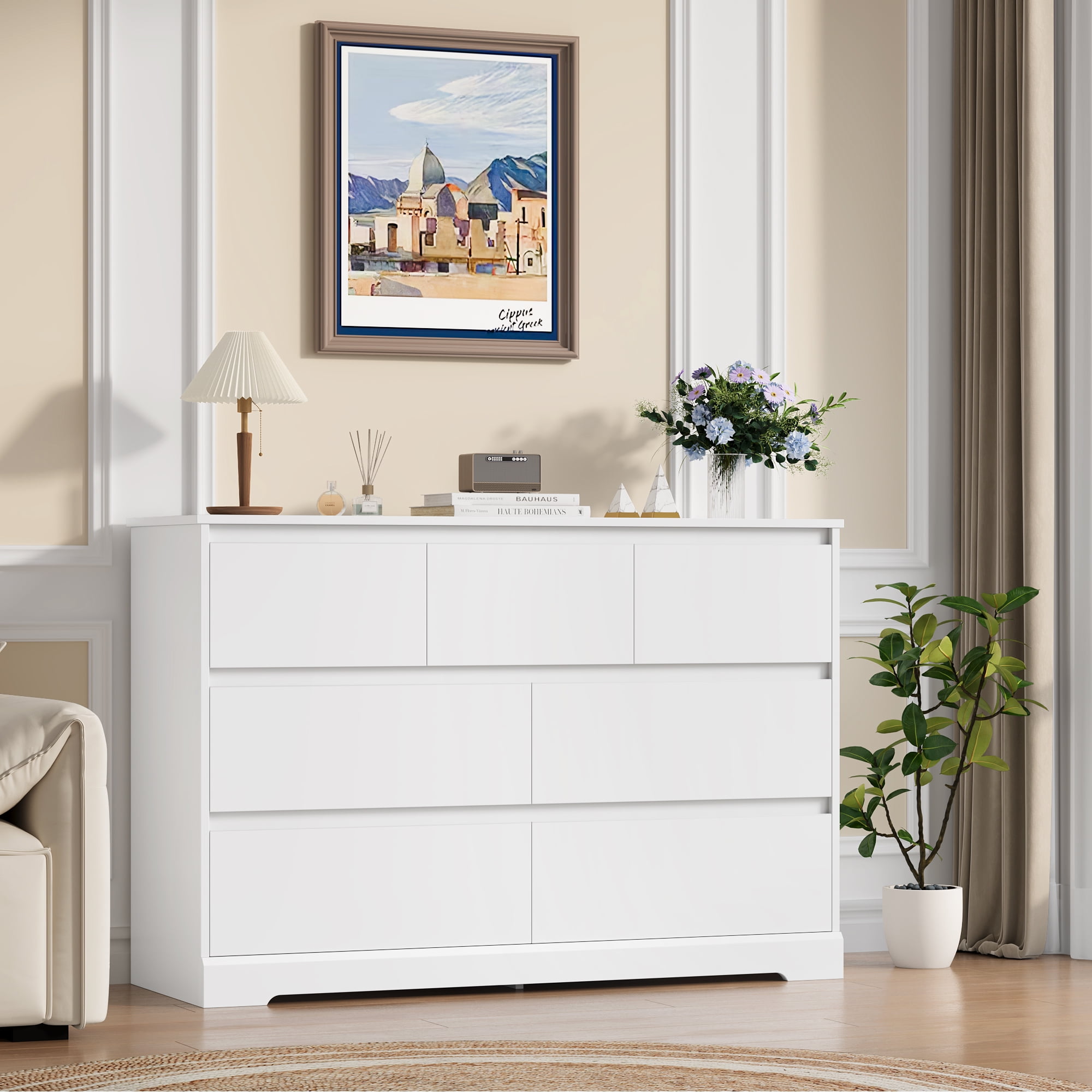 Homfa 7 Drawer Double Dresser, 47.2"W Contemporary Wood Chest of Drawer Storage Cabinet for Bedroom Living Room, White